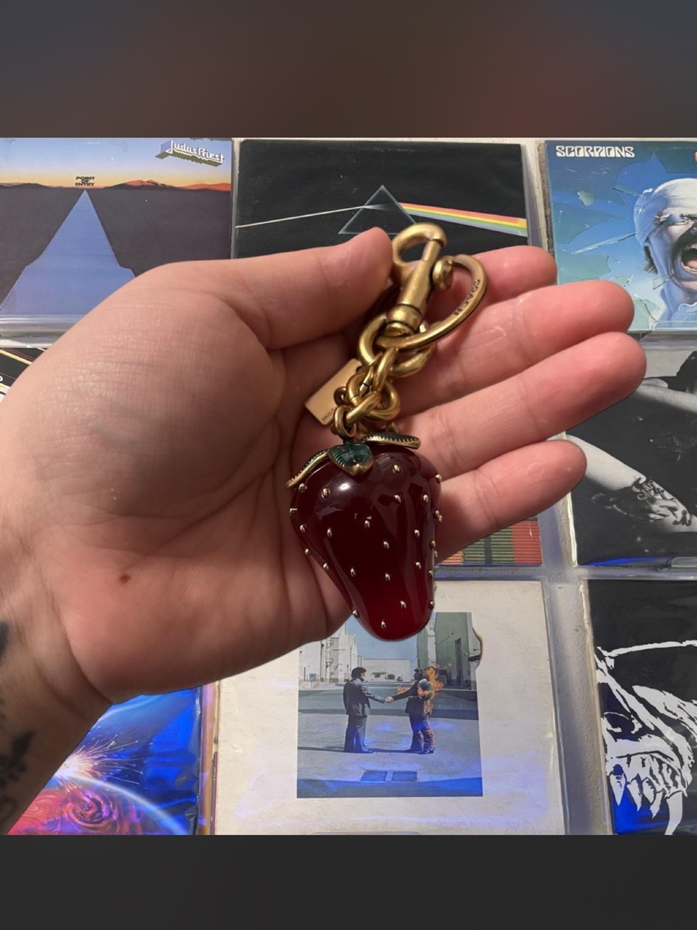 Coach Strawberry Charm Keychain - Deep Red with Brass Hardware